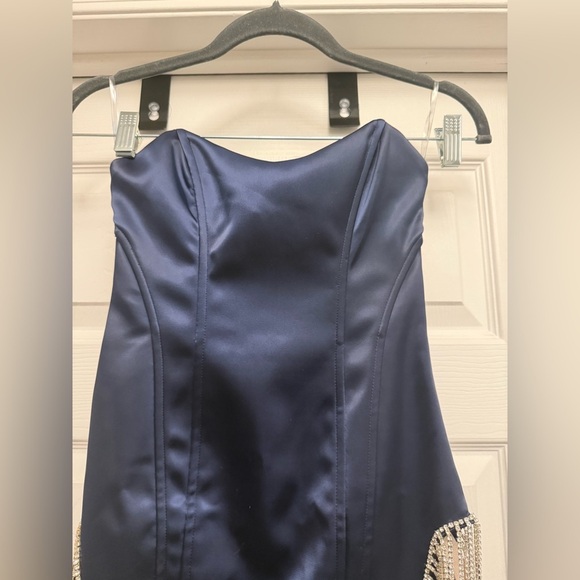 OH POLLY. Euphoria Embellished Bustier Satin Mini Dress Navy Blue Size 2 - Picture 6 of 9